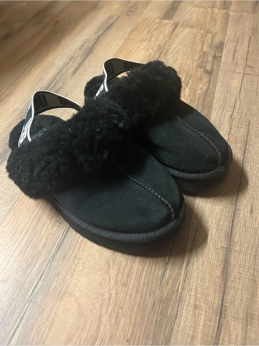 UGG Kids Girls Platform Slingback Slipper Slide Black Suede Wool Cuff Size 1